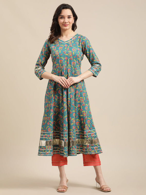 Women's Green And Pink Floral Printed Heavy Gota Emebellished Anarkali Kurta - Varanga