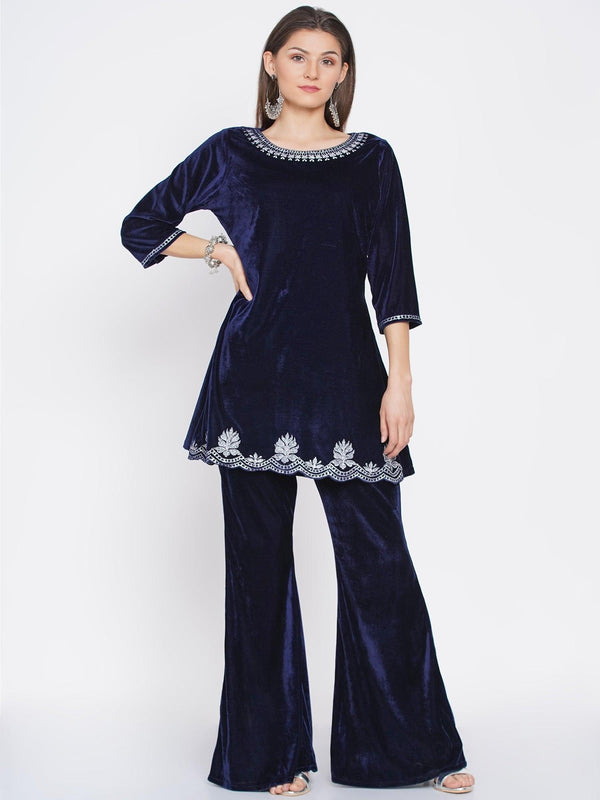 Women's Navy Blue Velvet Embroidered Kurta with Bellbottom Pants - Women Republic - Indiakreations