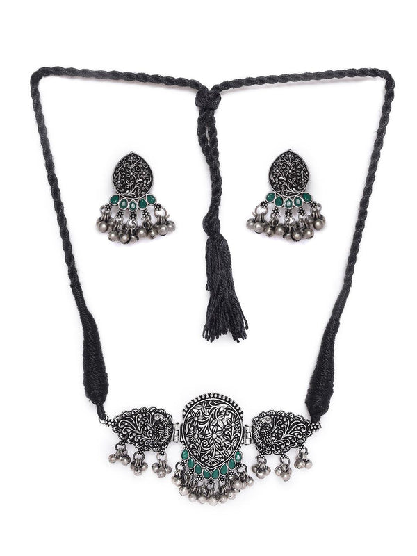 Women's Oxidized Silver-Plated Green Stone-Studded & Beaded Handcrafted Peacock shaped Jewellery Set - Jazz and Sizzle - Indiakreations