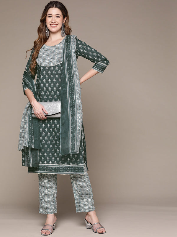 Women's Teal Gotta Patti Floral Print Kurta Set with Trousers and Dupatta - Anubhutee