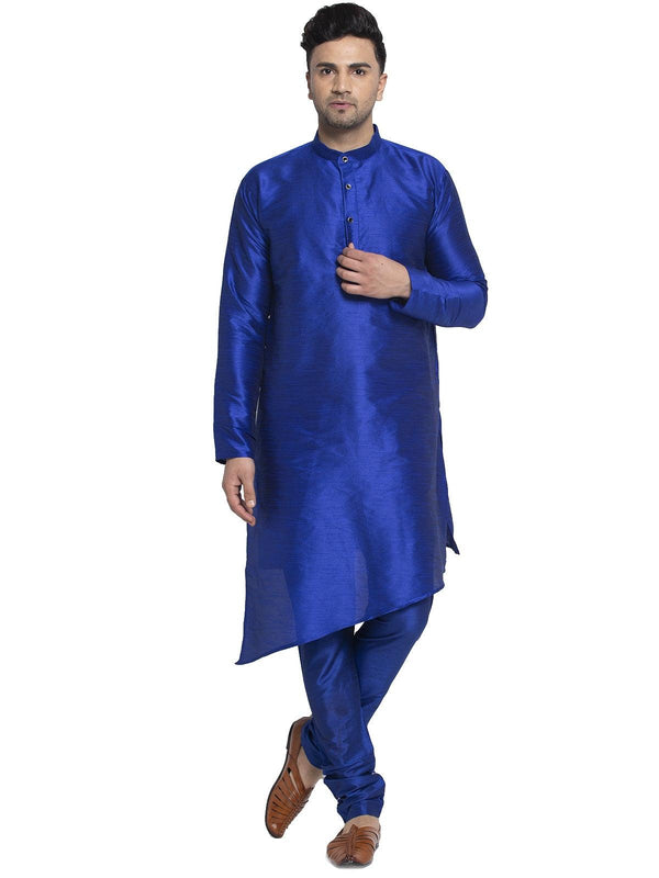 Men's Royal Blue Solid Asymmetric Kurta With Churidaar Pyjama - Benstoke - Indiakreations