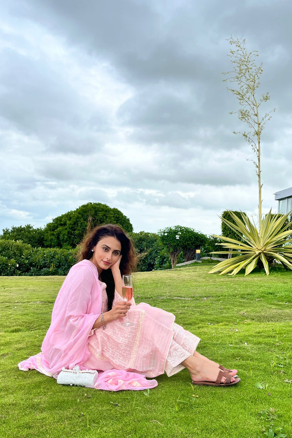 Anna Malhotra in Pretty Pink Chikankari Chanderi Suit Set