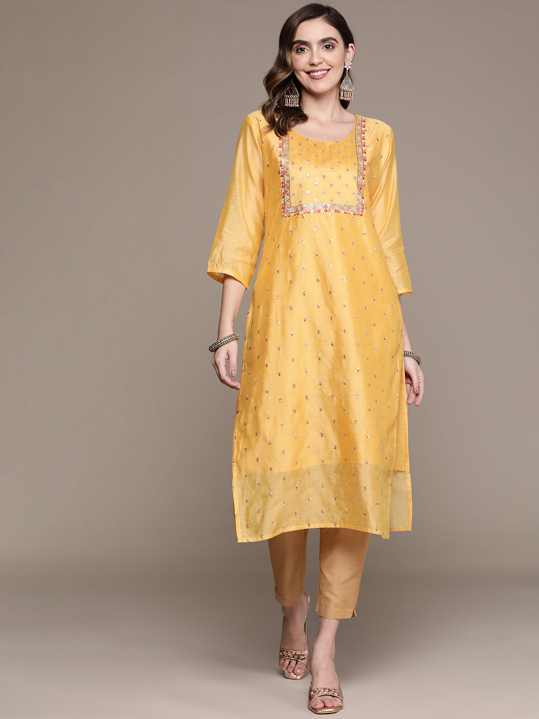 Women's Yellow & Golden Ethnic Motifs Embroidered Straight Kurta - Anubhutee