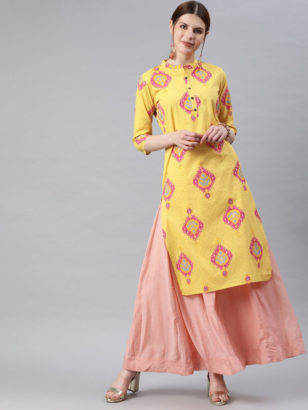 Women's Yellow & Pink Printed Straight Kurta - Anubhutee