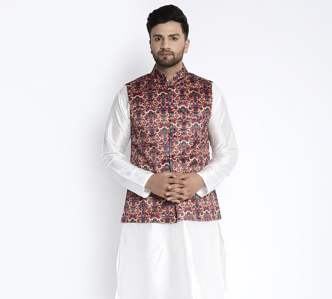 Men's Maroon & Multi Printed Nehru Jacket - Benstoke