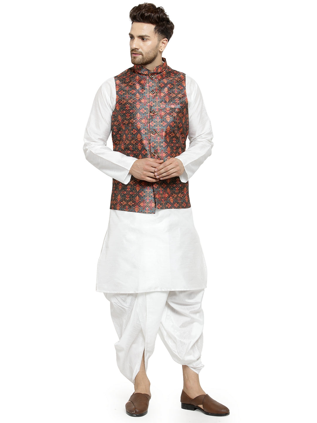 Men's White Kurta With Dhoti & Dark Green Printed Nehru Jacket - Benstoke