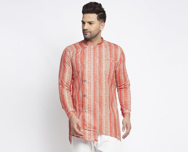 Men's Orange & Multi Asymmetric Printed Short Kurta - Benstoke - Indiakreations