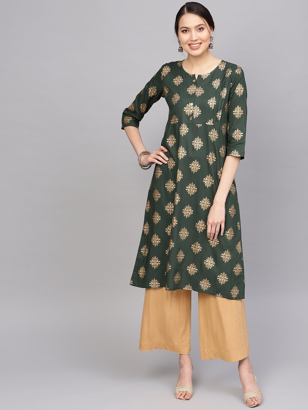 Women's Olive Green & Golden Printed A-Line Kurta - Anubhutee