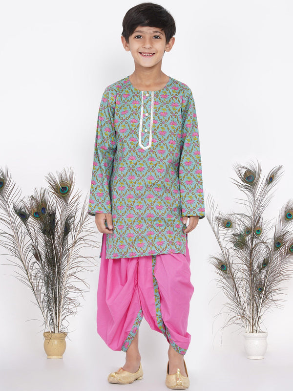 Boy's Floral Kurta With Pearl Buttons And Dhoti In Blue And Pink - Little Bansi Boys