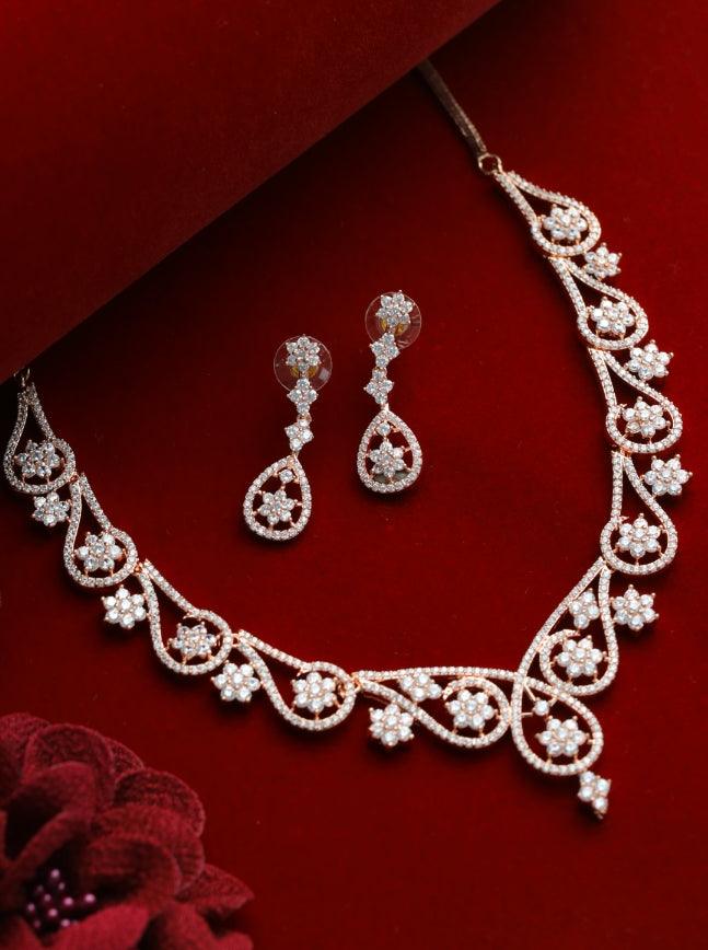 Women's Rose Gold-Plated White American Diamond & Cz Studded Handcrafted Jewellery Set - Jazz And Sizzle - Indiakreations