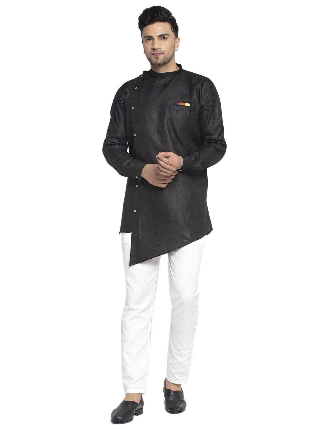 Men's Cotton Black Asymmetric Solid Kurta With White Trousers - Benstoke - Indiakreations