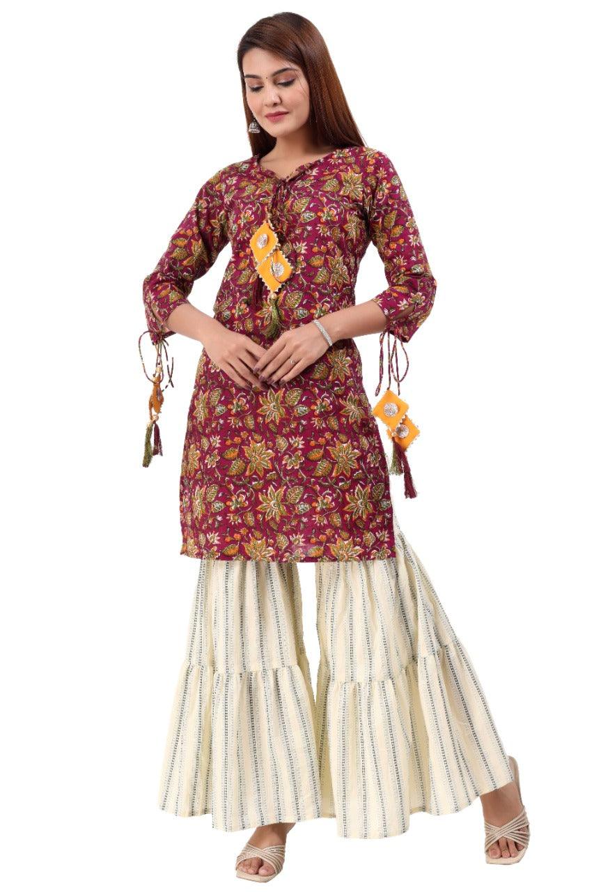 Women's Kurta And Sharara Set Cotton Poly Silk 3Pc - Noz2Toz - Indiakreations