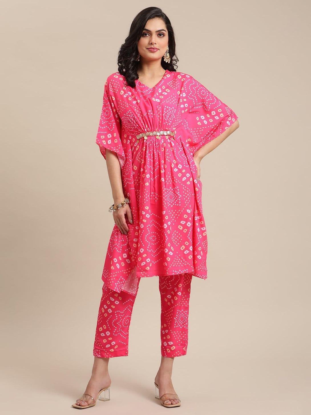 Pink And Yellow Bandhej Printed Kurta Kaftan With Printed Trouser - Indiakreations