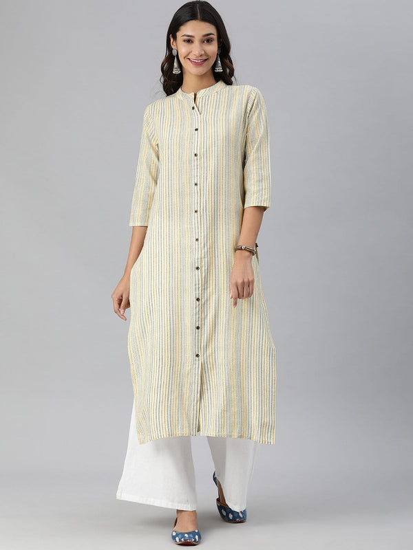 Women's KSUT Off White And Yellow Stripe Woven Kurta - Varanga