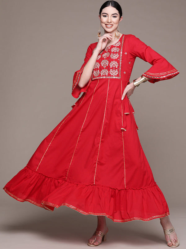 Women's Red Yoke Embroidered Ethnic Dress - Anubhutee