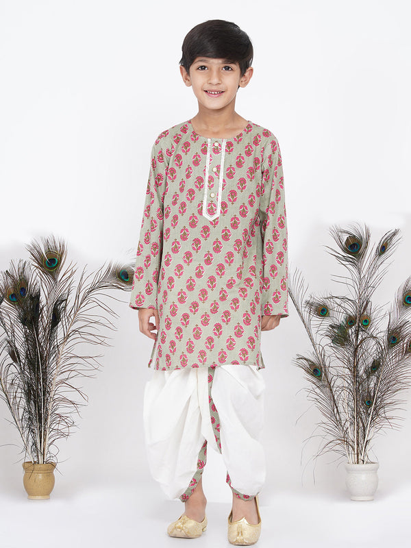 Boy's Floral Kurta with Pearl Buttons and Dhoti in Green and Cream - Little Bansi Boys