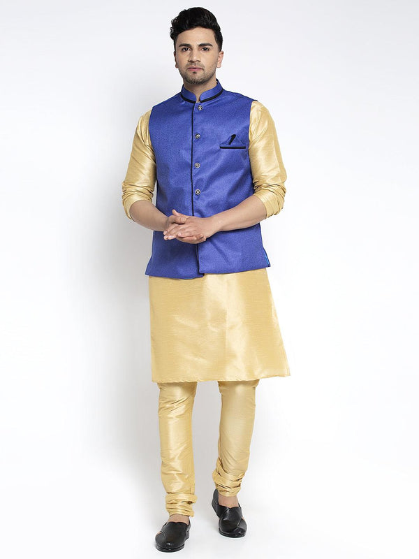 Men's Silk Blend Gold Kurta With Pyjama & Royal Blue Nehru Jacket - Benstoke - Indiakreations