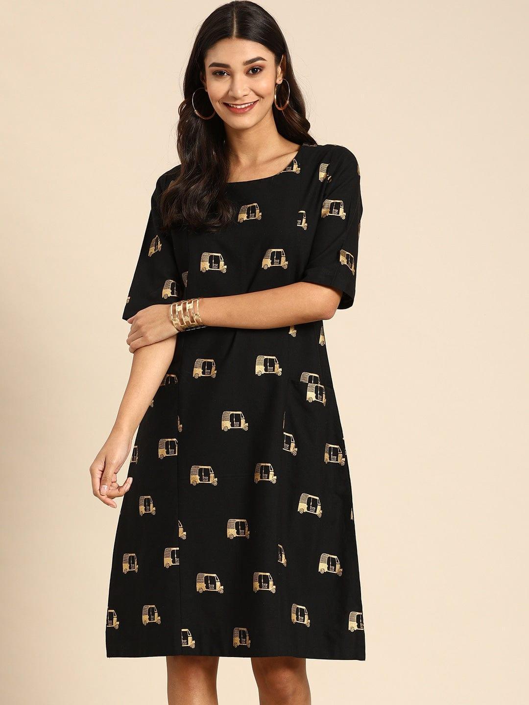 Black & Beige Printed A-Line Panelled Dress with Pockets - Indiakreations