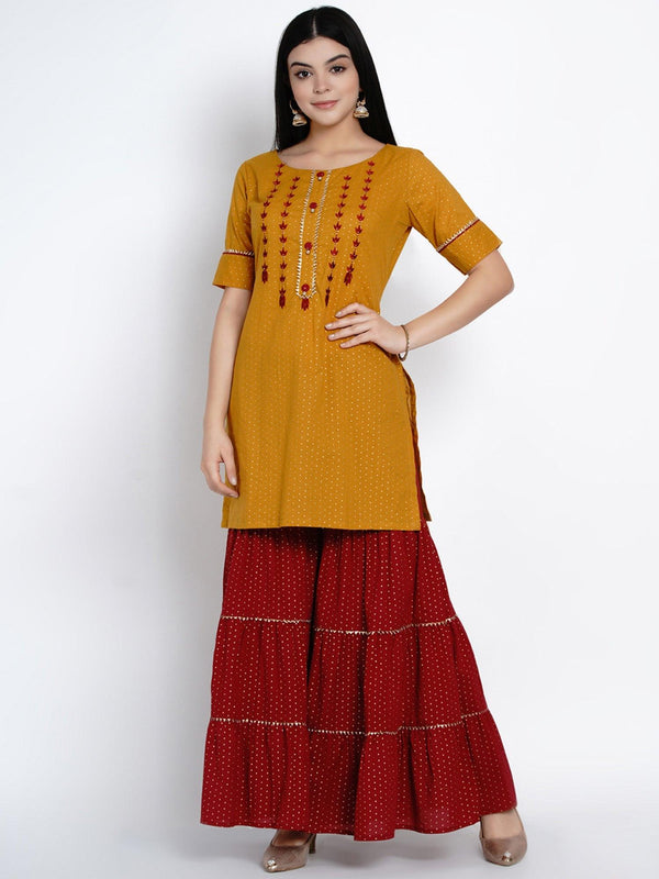 Women's Mustard Embroidered Kurta with Sharara - Women Republic - Indiakreations