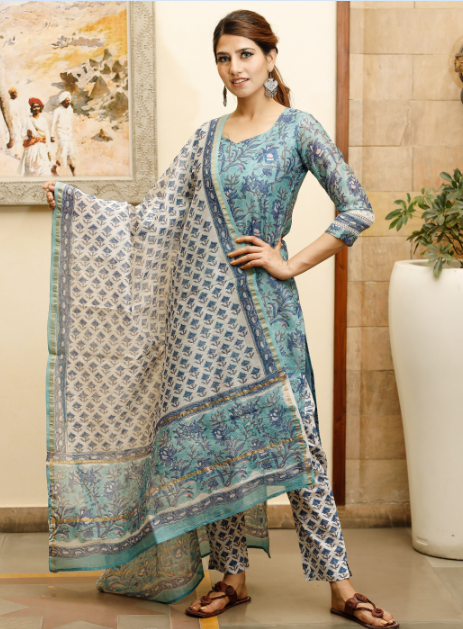 Women's Blush blue hand block print chanderi kurta dupatta set