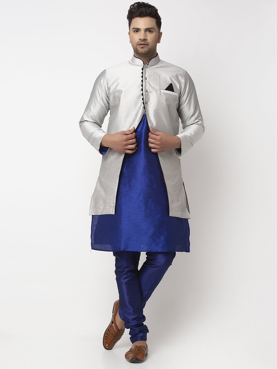 Men's Royal Blue Kurta With Pyjama & Grey Self Design Jacket - Benstoke