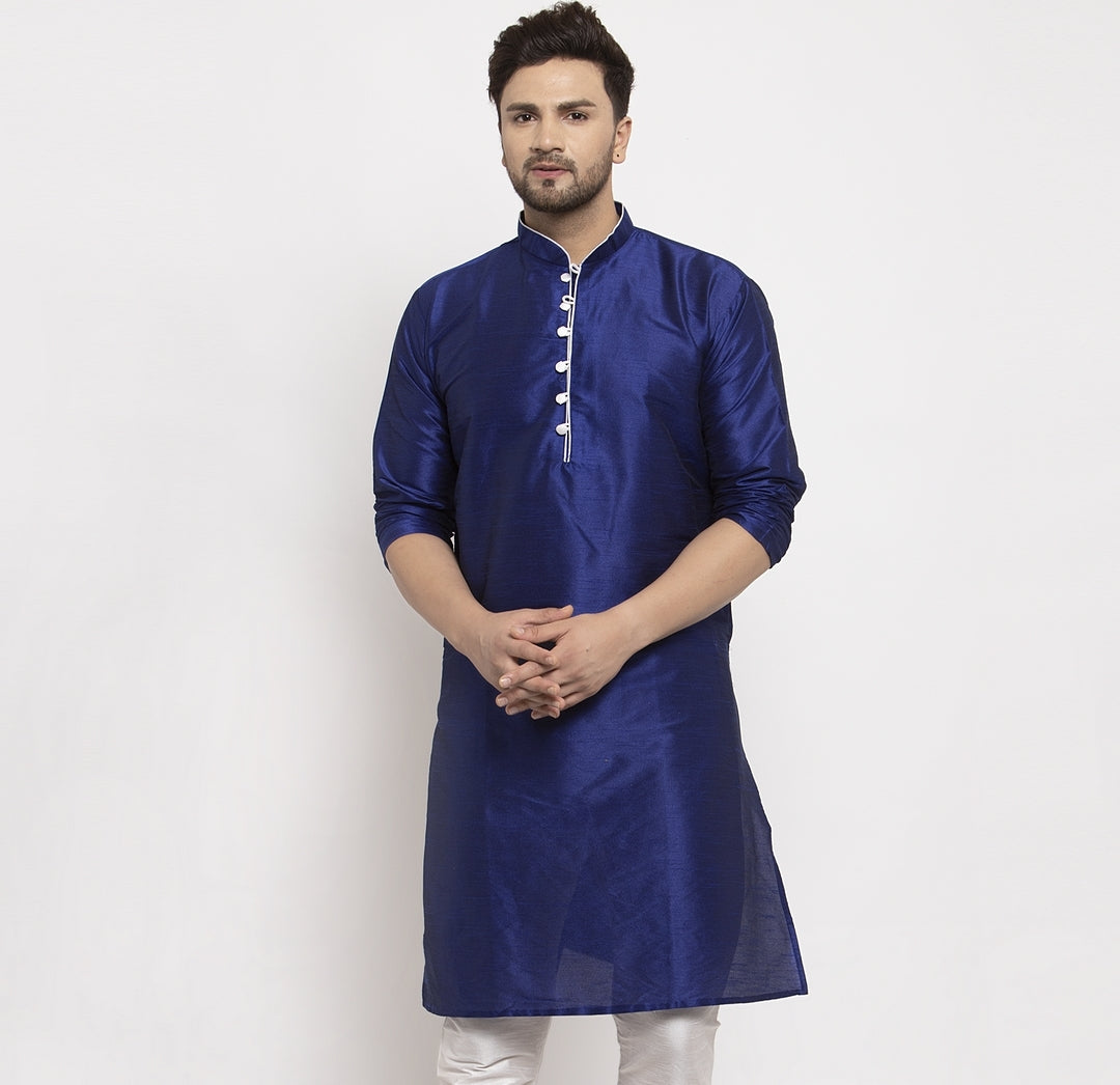 Men's Silk Blend Royal Blue Straight Long Kurta - Benstoke