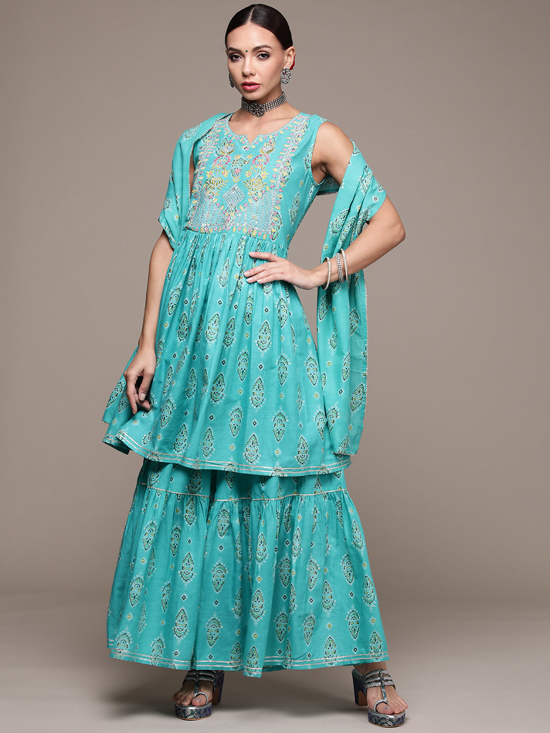 Women's Turquoise Blue Embroidered Printed Kurta Set With Sharara And Dupatta - Anubhutee