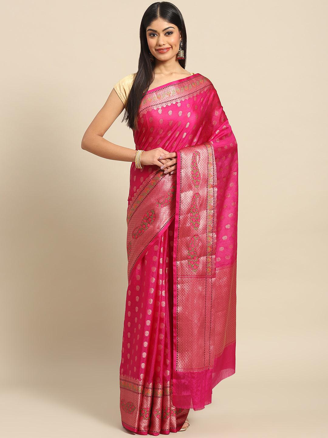 Women's Pink Ethnic Motifs Zari Art Silk Banarasi Saree - Varanasi - Indiakreations