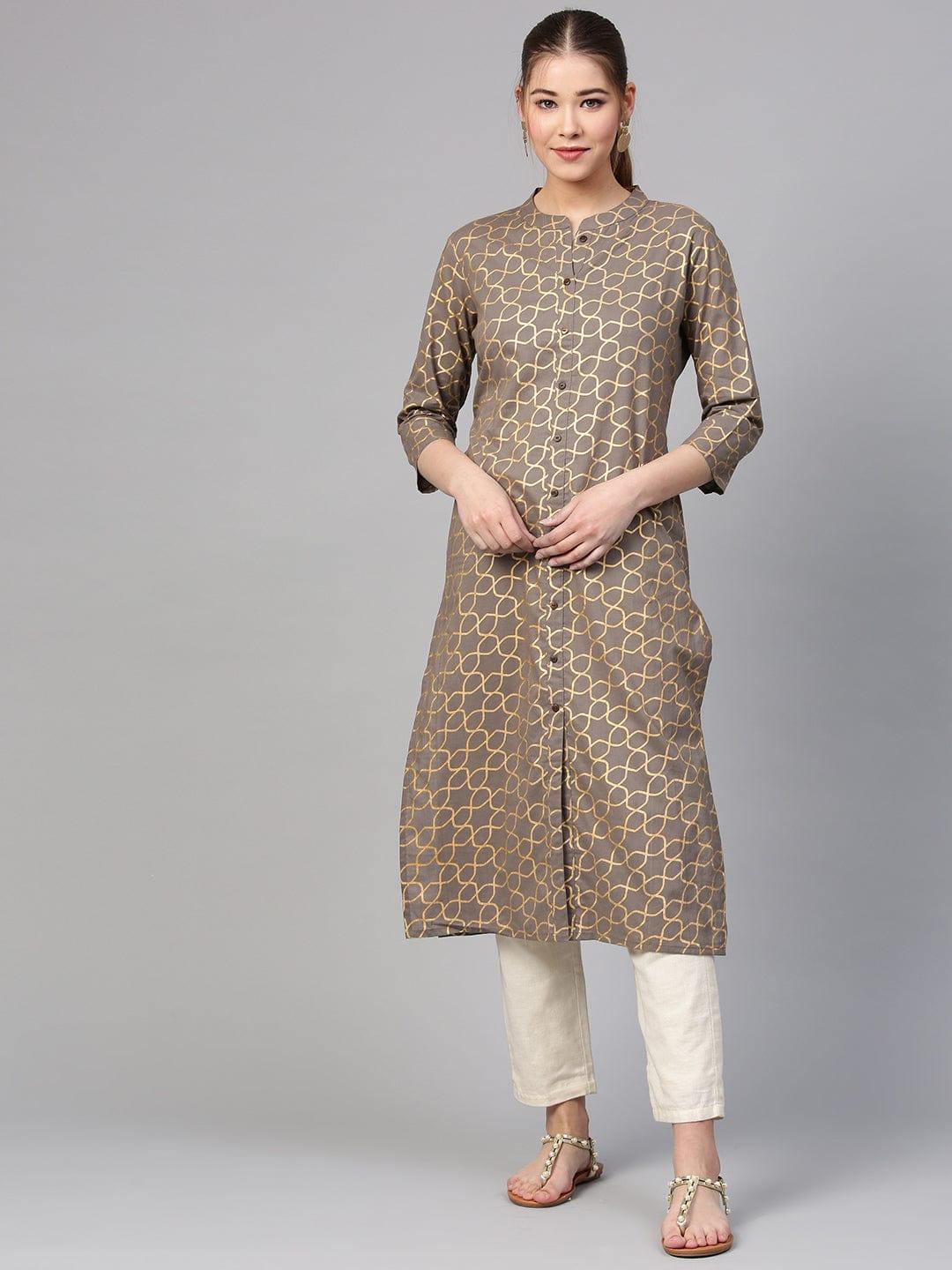 Varanga Women Grey & Golden Printed Straight Kurta - Indiakreations