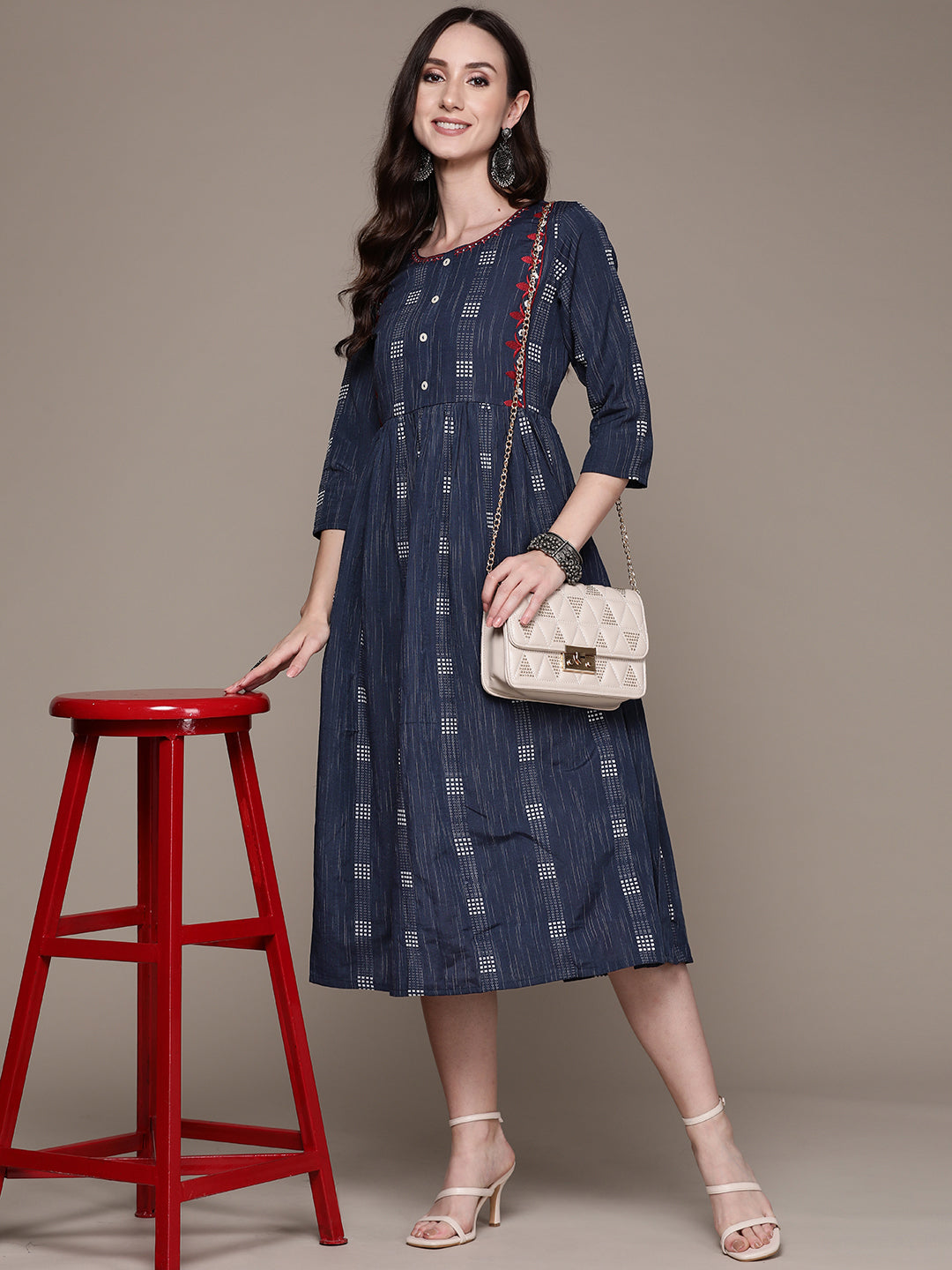 Women's Navy Blue Embroidered Flared Dress - Anubhutee