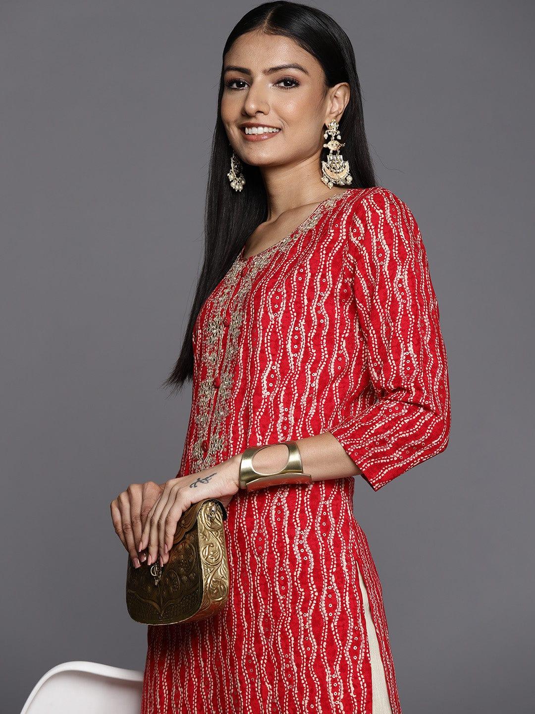 Varanga Women Red & Gold-Toned Bandhani Printed Gotta Patti Kurta - Indiakreations