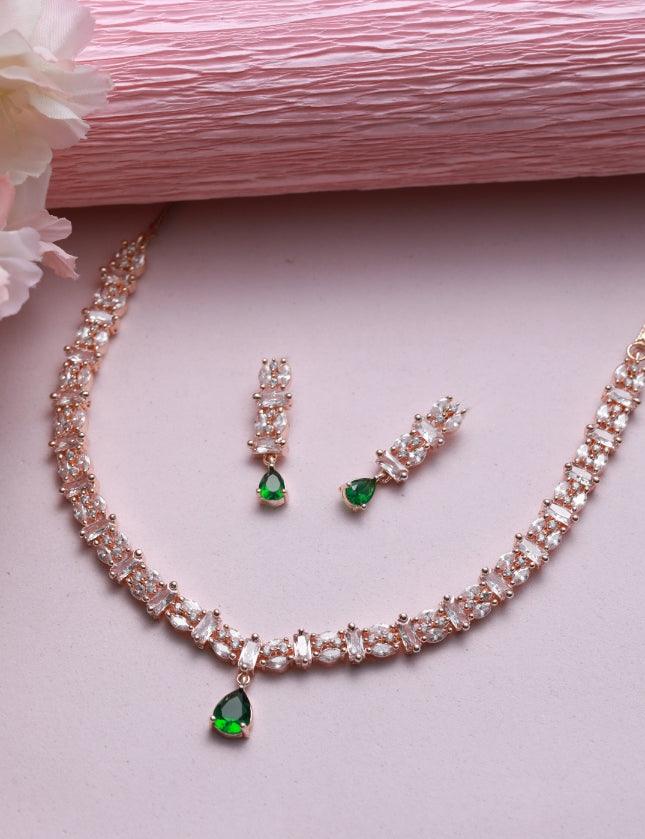 Women's Rose Gold-Plated Green Ameriacna Diamond & Cz-Studded Jewellery Set - Jazz And Sizzle - Indiakreations