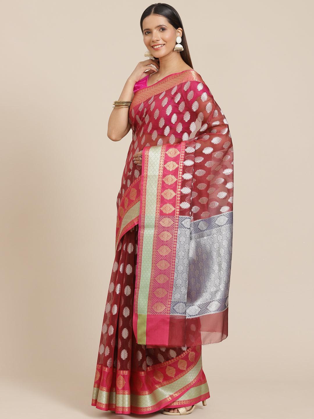 Women's Organza Blended Silk Jaamdani Saree - Varanasi - Indiakreations