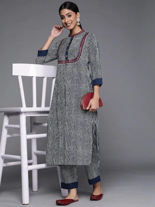 Varanga Women Blue & White Striped Mirror Work Pure Cotton Kurta with Trousers - Indiakreations