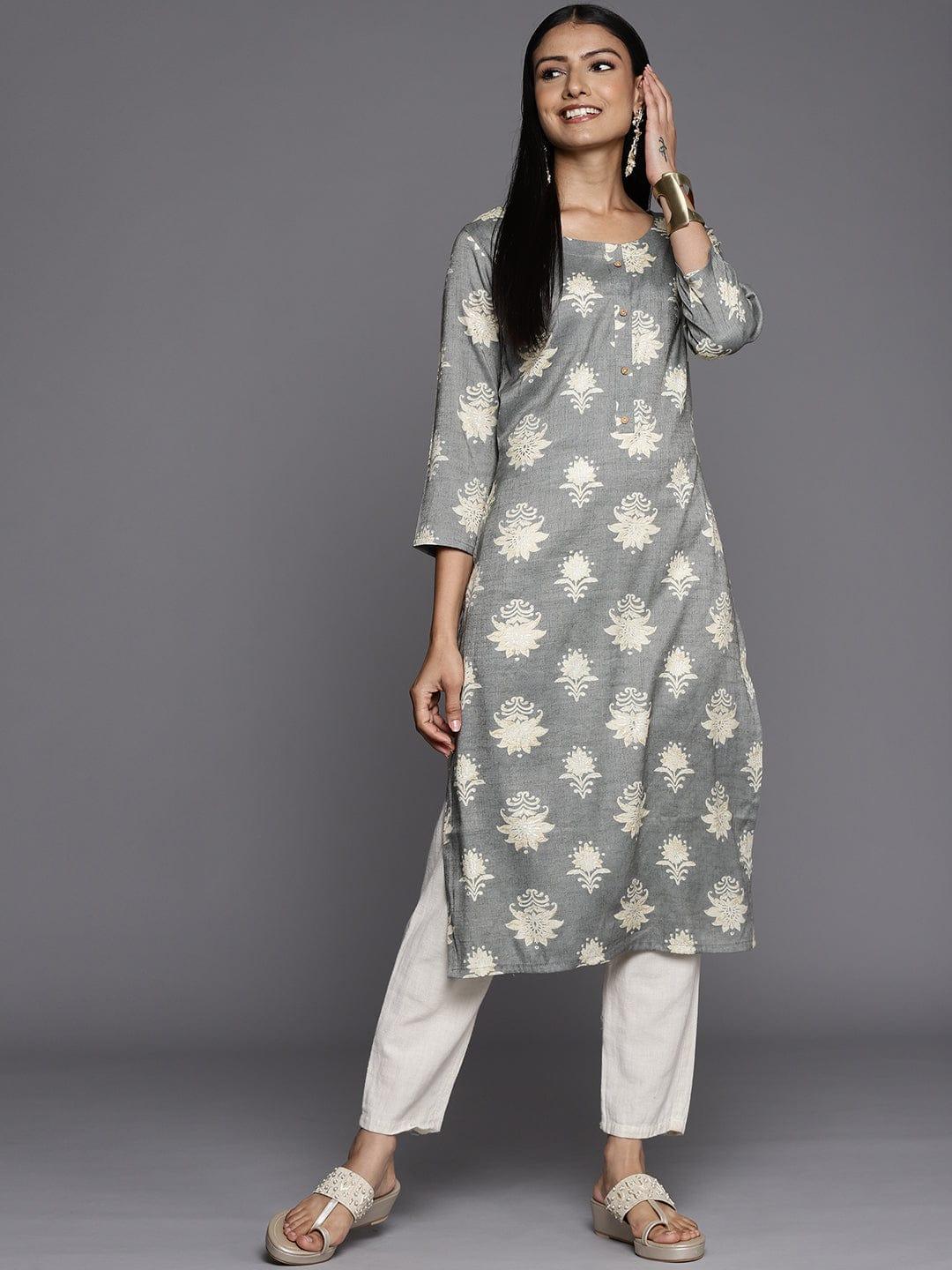 Varanga Women Grey & Cream-Coloured Ethnic Motifs Printed Kurta - Indiakreations