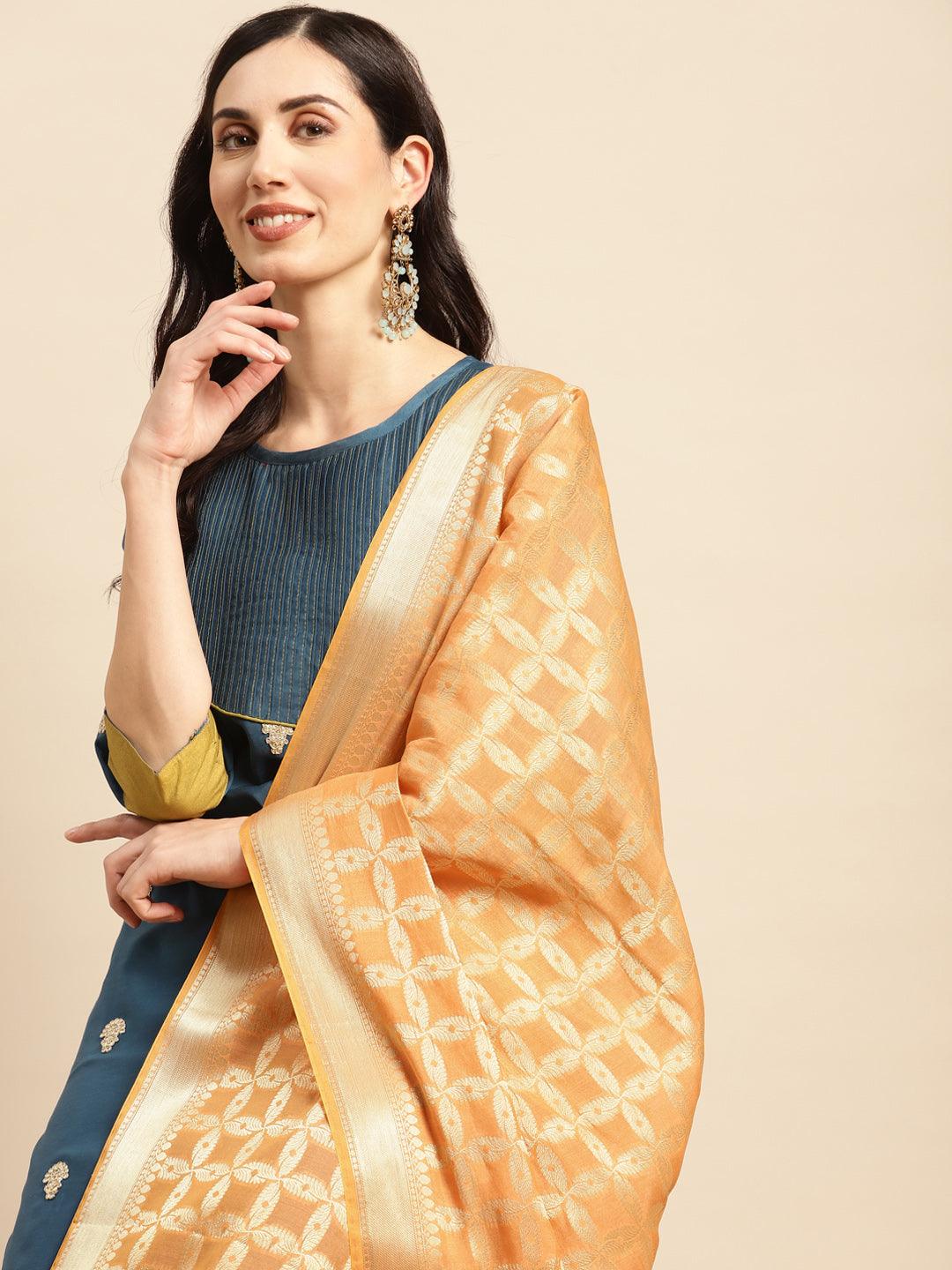 Women's Peach Color Ethnic Motifs Woven Design Dupatta With Zari - Varanasi - Indiakreations