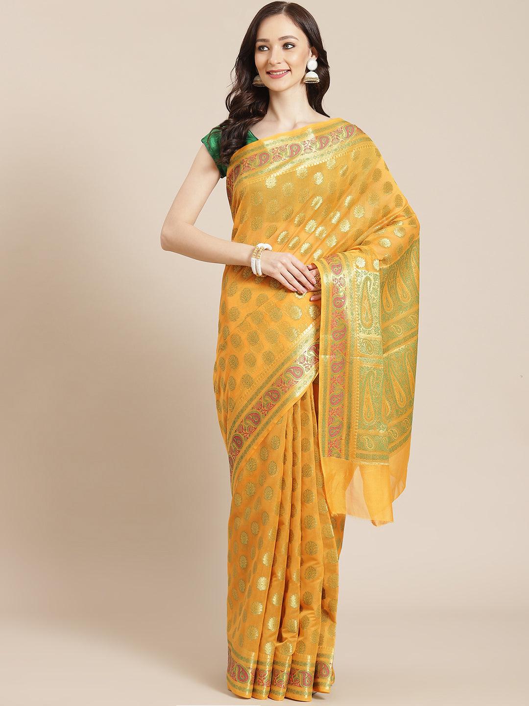 Women's Mustard Semi Silk Cutwork Saree - Varanasi - Indiakreations