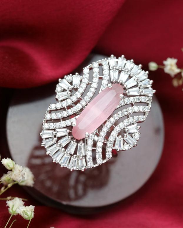 Women's Pink American Diamond Studded,Silver-Plated Cz Studded Adjustable Finger Ring - Jazz And Sizzle - Indiakreations