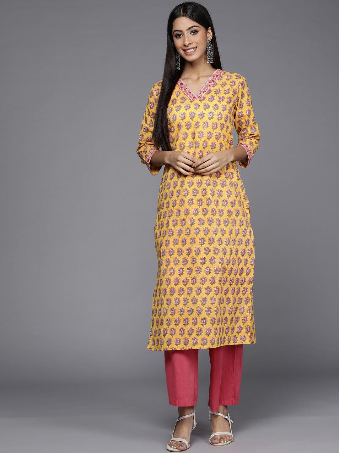 Varanga Women Yellow & Green Ethnic Motifs Printed Gotta Patti Cotton Kurta - Indiakreations