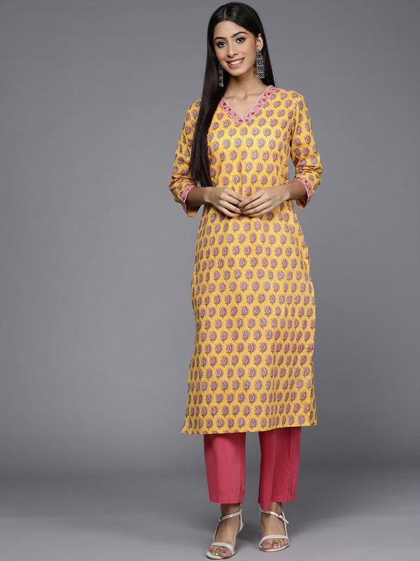 Varanga Women Yellow & Green Ethnic Motifs Printed Gotta Patti Cotton Kurta - Indiakreations