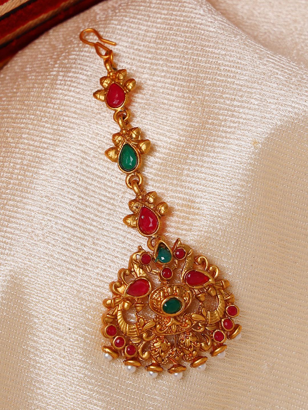 Women's Gold Plated Red & Green stone Studded Peacock Mangtikka - Jazz and Sizzle - Indiakreations