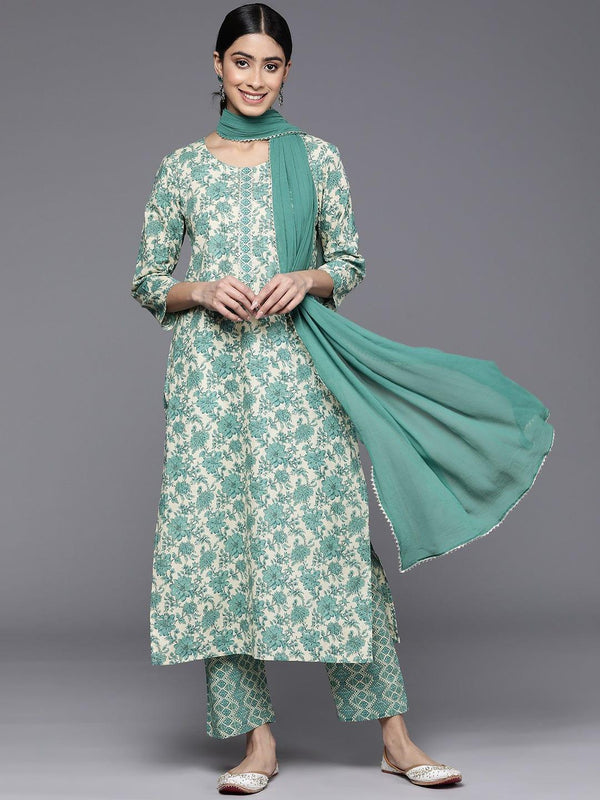 Varanga Floral Printed Gotta Patti Pure Cotton Kurta With Trousers & With Dupatta - Indiakreations