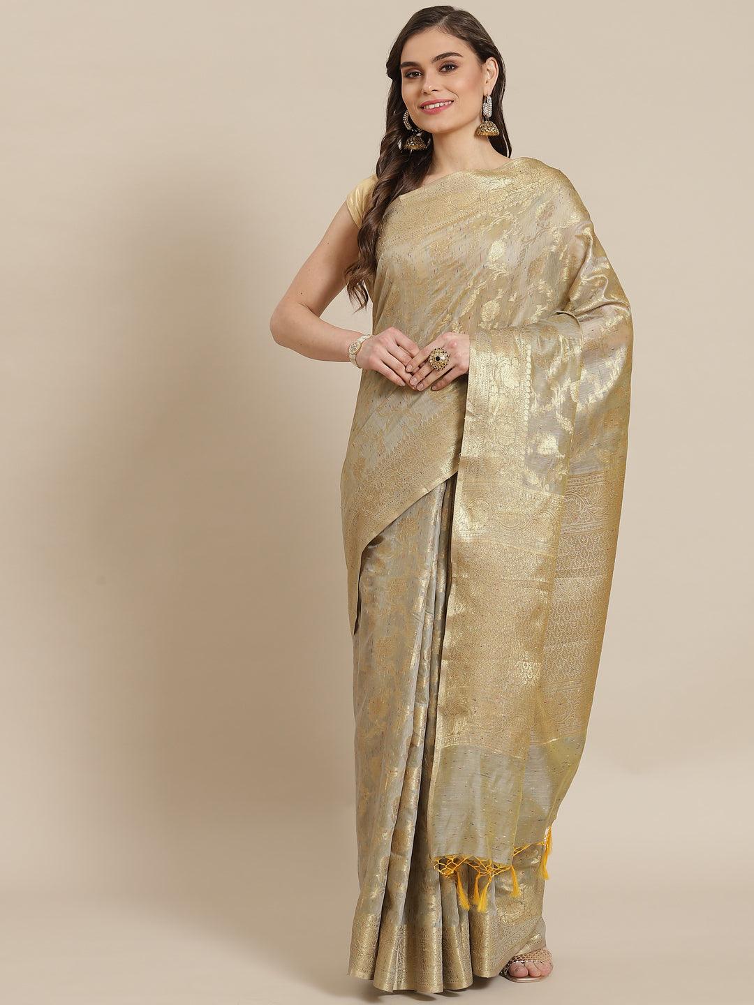 Women's Beige Cotton Silk Saree - Varanasi - Indiakreations