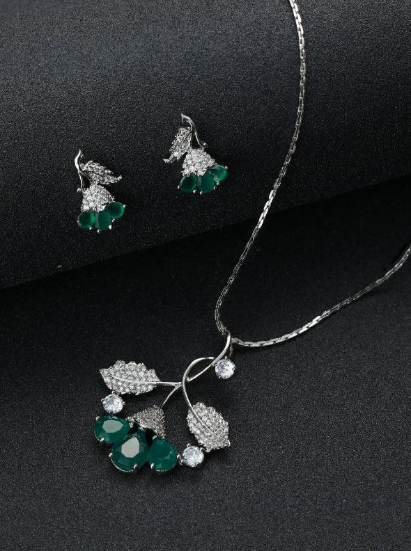 Women's Green American Diamond Silver Plated Statement Pendant & Earring Set - Jazz And Sizzle - Indiakreations