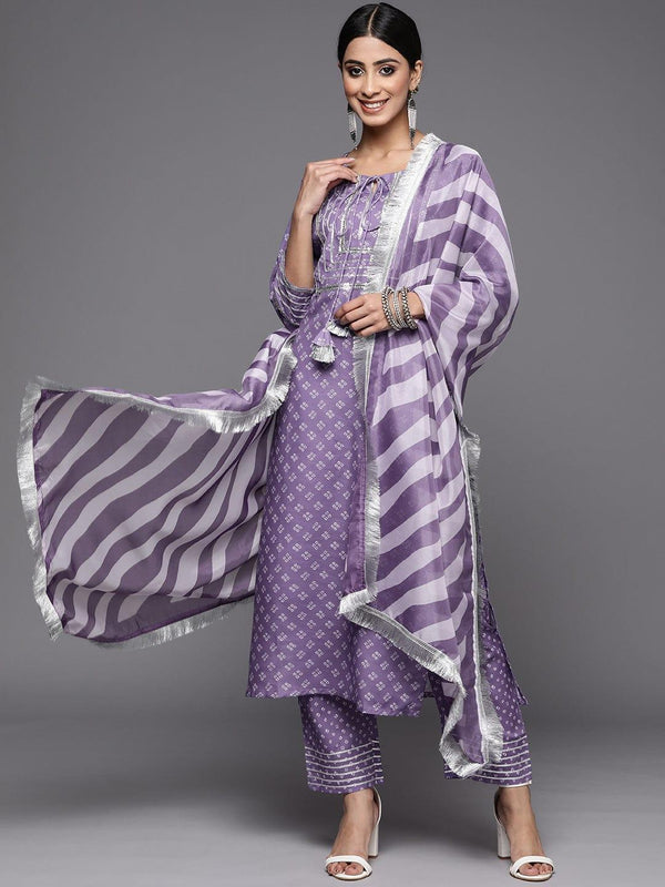 Varanga Women Purple Bandhani Printed Kurta with Trousers & With Dupatta - Indiakreations