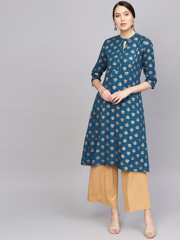 Women's Teal Blue & Golden Printed A-Line Kurta - Anubhutee