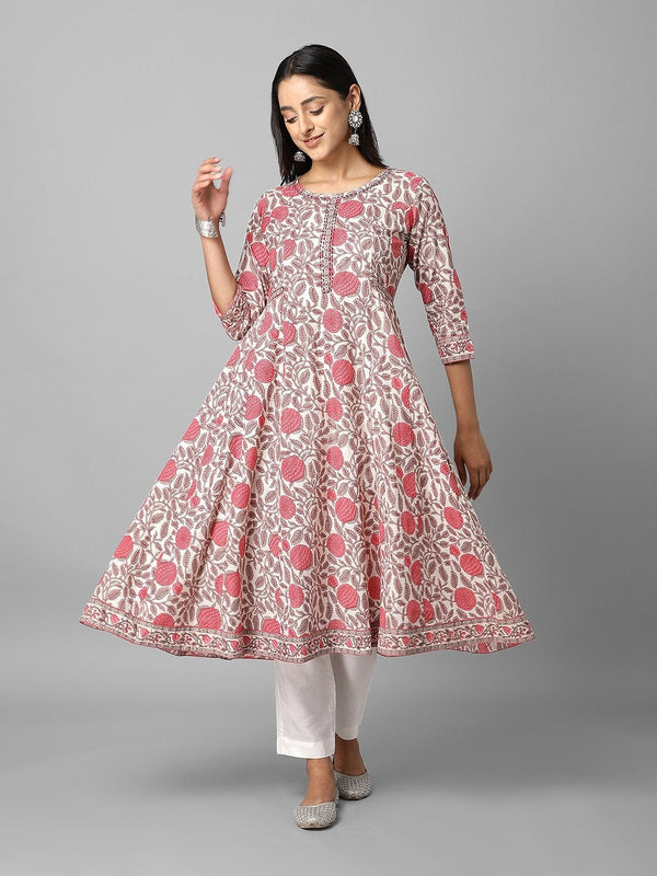 Women's Cream And Pink Floral Printed Anarkali Kurta - Azira