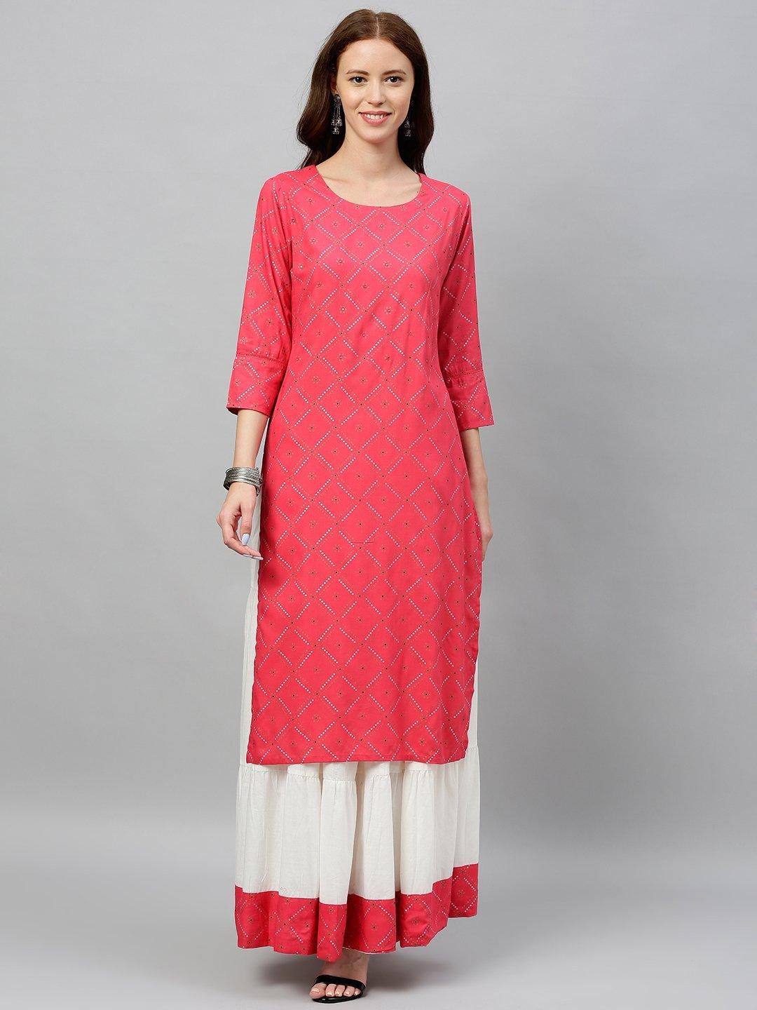 Women's Bandhani Printed Rayon Slub Fabric Kurta & Skrit Set - Kipek - Indiakreations