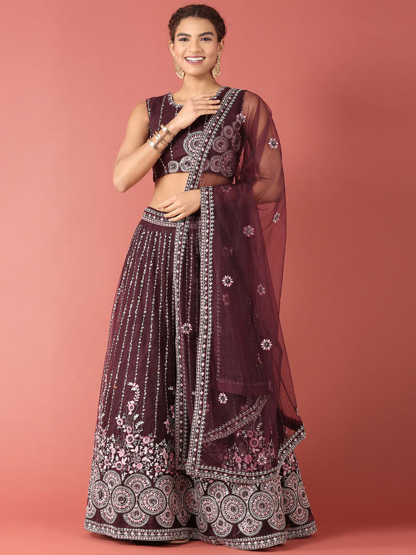 Women's Burgundy Net Sequinse Work Fully Stitched Lehenga & Stitched Blouse, Dupatta - Panchhi