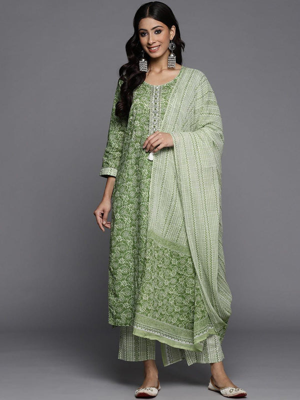 Varanga Women Green Ethnic Motifs Sequinned Pure Cotton Kurta with Trousers & Dupatta - Indiakreations